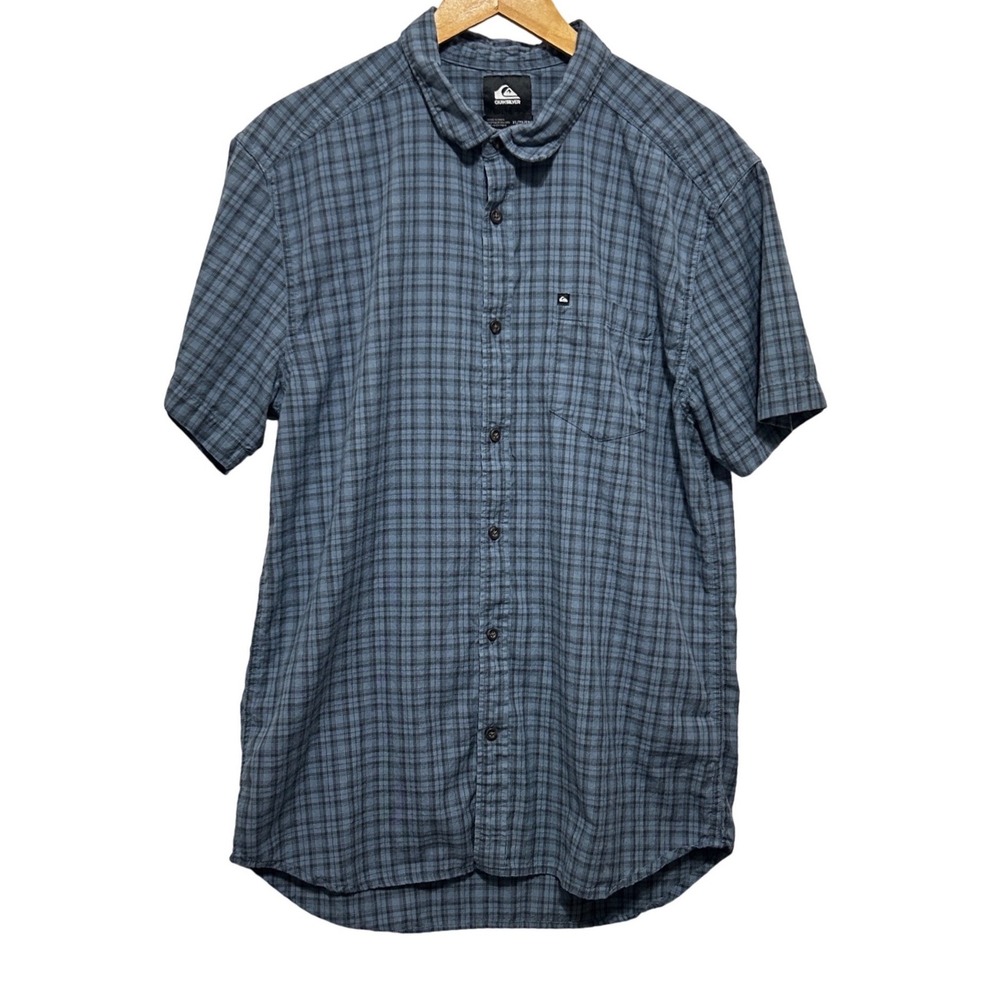 Quiksilver Men Surf Skate Button Up Shirt XL Blue Gray Plaid Modern Fit Casual